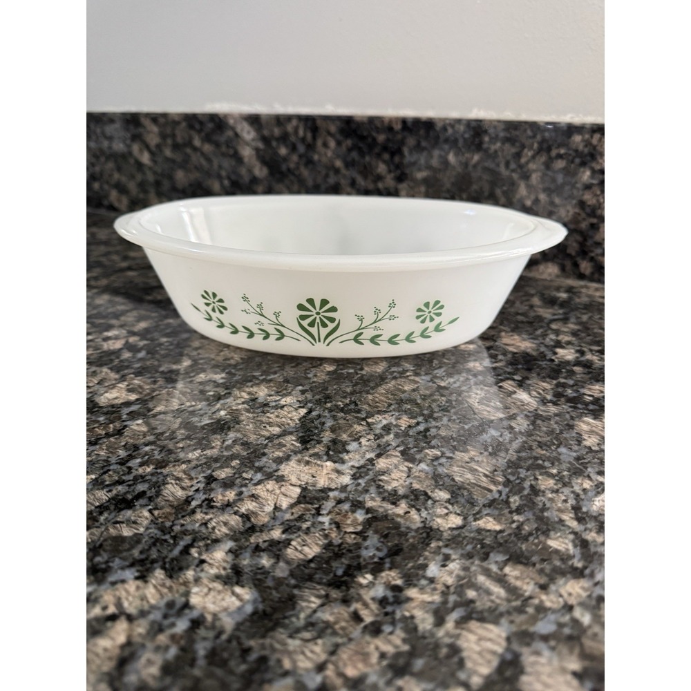 Vintage Glassbake 1 qt. Milk Glass Baking Dish with Green Flower Design Country